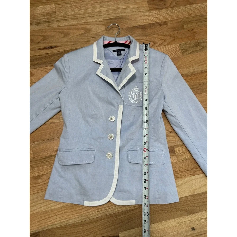 Tommy Hilfiger Blazer Womens Small Light Blue Excellent Preppy Crest Trim